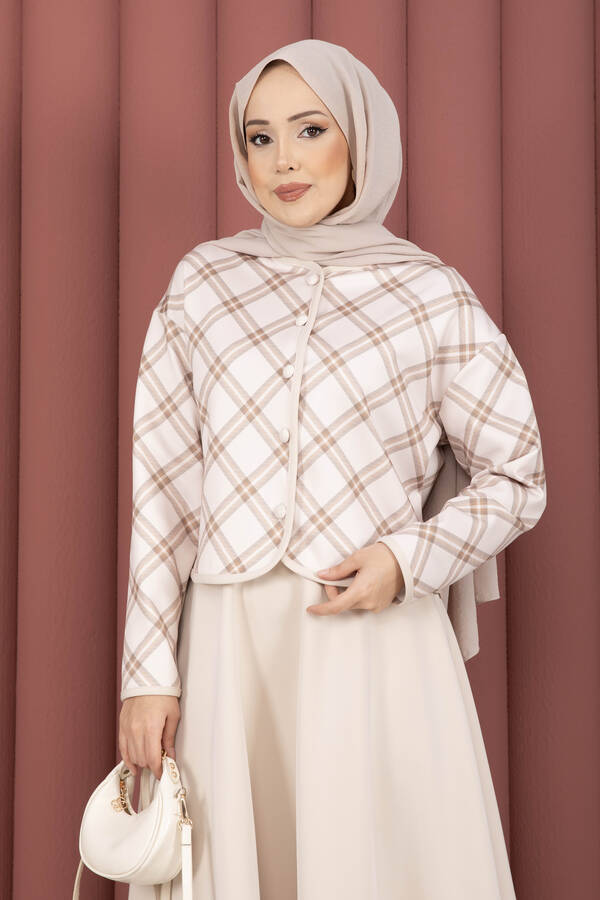 Ums - Ekose Croplu Ceket Etek Takım Bej (1)