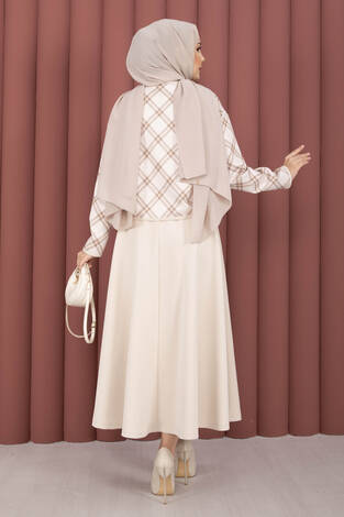 Ekose Croplu Ceket Etek Takım Bej - Thumbnail