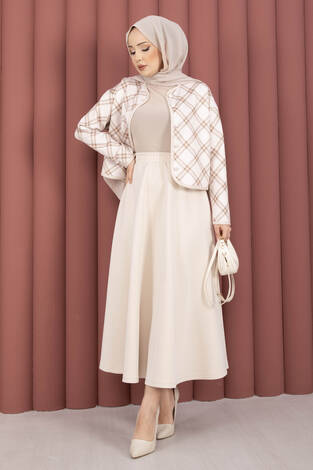 Ekose Croplu Ceket Etek Takım Bej - Thumbnail