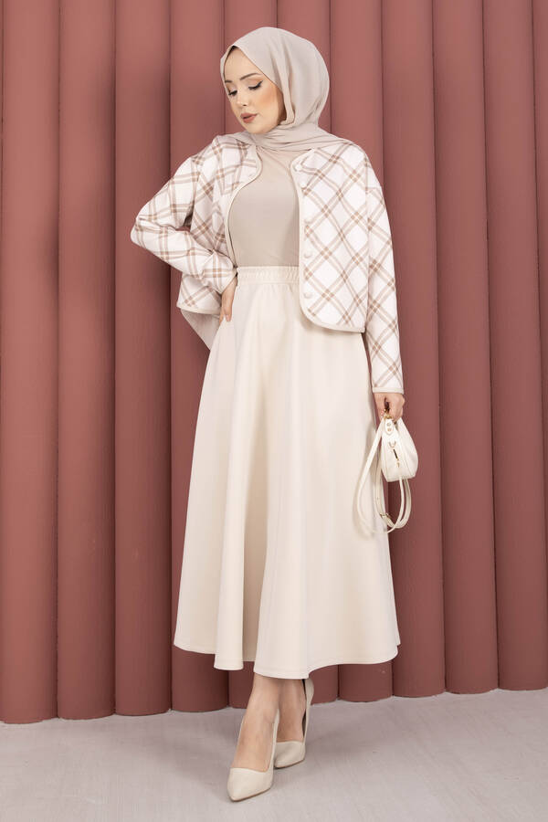 Ums - Ekose Croplu Ceket Etek Takım Bej