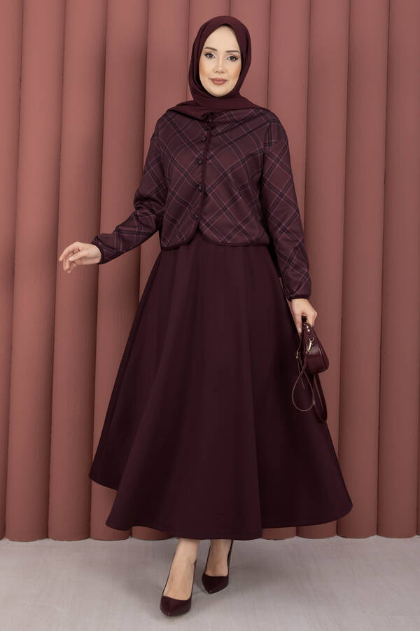 Ums - Ekose Croplu Ceket Etek Takım Bordo