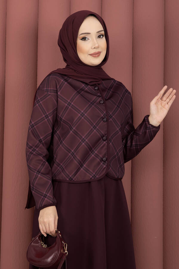 Ums - Ekose Croplu Ceket Etek Takım Bordo (1)