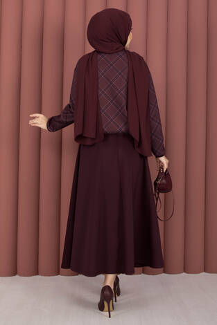 Ekose Croplu Ceket Etek Takım Bordo - Thumbnail