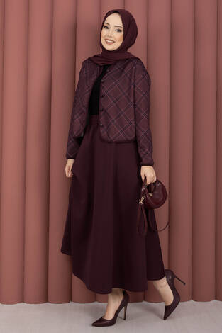 Ekose Croplu Ceket Etek Takım Bordo - Thumbnail