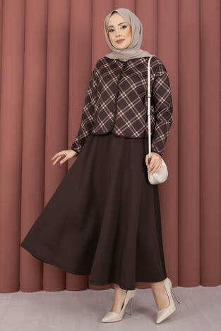 Ekose Croplu Ceket Etek Takım Kahve - Thumbnail