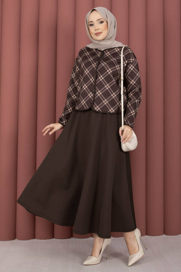 Ums - Ekose Croplu Ceket Etek Takım Kahve