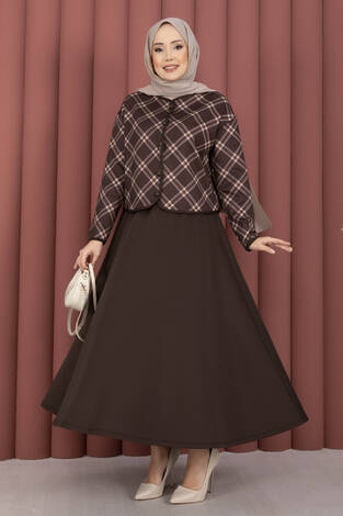 Ekose Croplu Ceket Etek Takım Kahve - Thumbnail