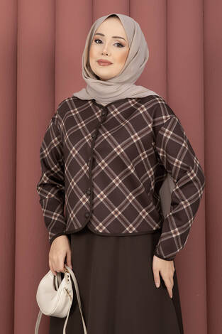 Ekose Croplu Ceket Etek Takım Kahve - Thumbnail