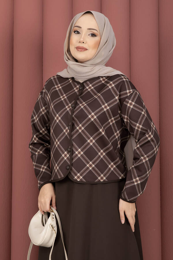 Ums - Ekose Croplu Ceket Etek Takım Kahve (1)