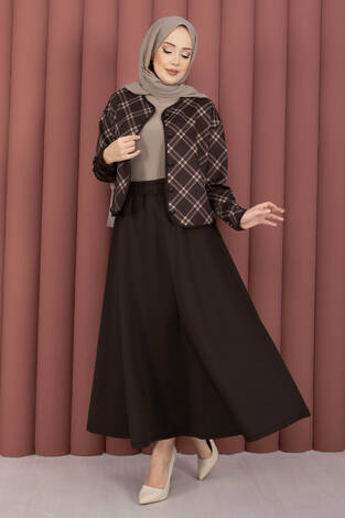 Ekose Croplu Ceket Etek Takım Kahve - Thumbnail