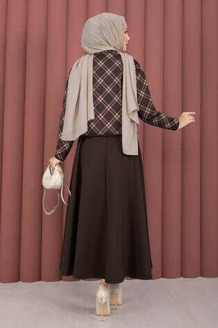 Ekose Croplu Ceket Etek Takım Kahve - Thumbnail