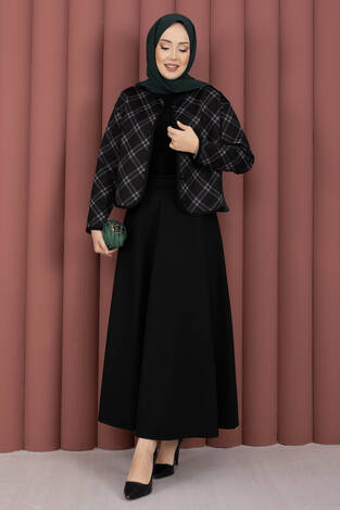 Ekose Croplu Ceket Etek Takım Siyah