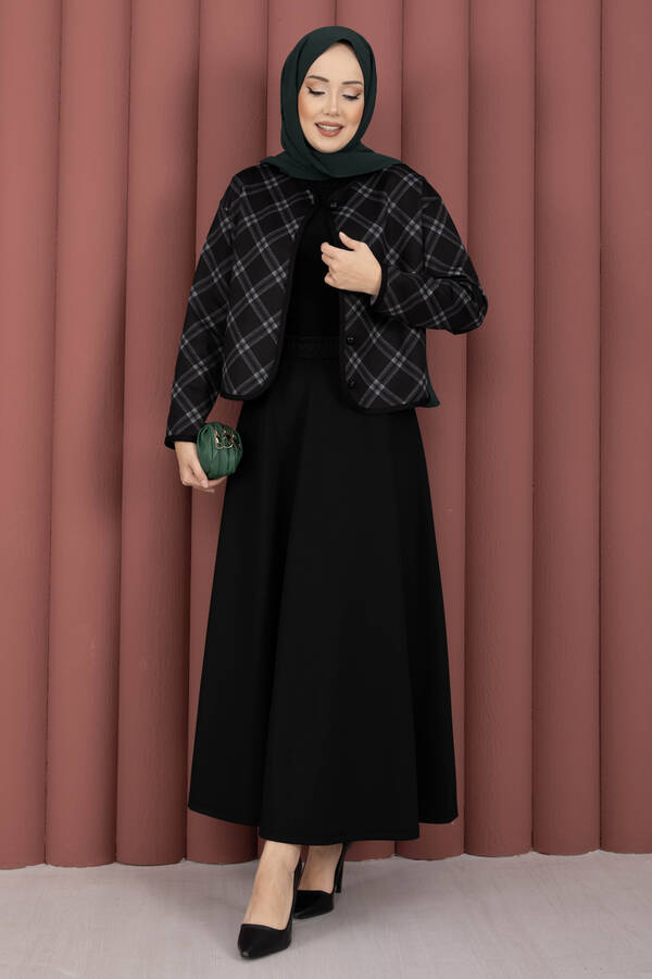 Ums - Ekose Croplu Ceket Etek Takım Siyah