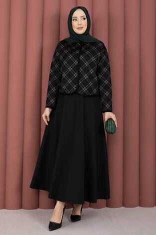 Ekose Croplu Ceket Etek Takım Siyah - Thumbnail