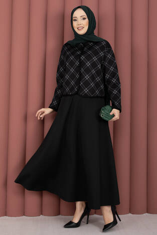 Ekose Croplu Ceket Etek Takım Siyah - Thumbnail