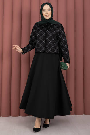 Ekose Croplu Ceket Etek Takım Siyah - Thumbnail