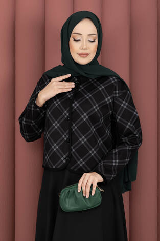 Ekose Croplu Ceket Etek Takım Siyah - Thumbnail