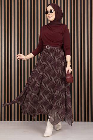 Asimetrik Kesim Ekose Şifon Etek Bordo - Thumbnail
