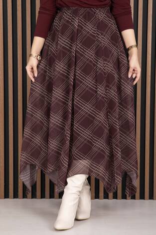 Asimetrik Kesim Ekose Şifon Etek Bordo - Thumbnail