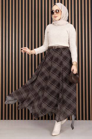 Asimetrik Kesim Ekose Şifon Etek Kahve - Thumbnail