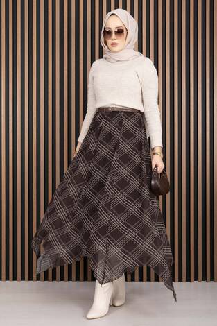 Asimetrik Kesim Ekose Şifon Etek Kahve - Thumbnail