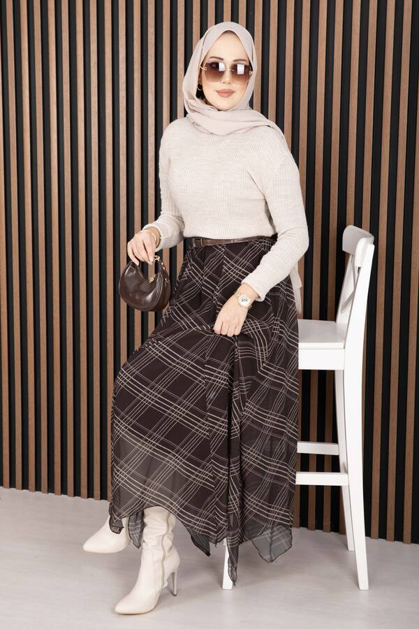 Kft - Asimetrik Kesim Ekose Şifon Etek Kahve
