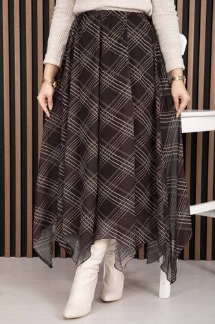 Asimetrik Kesim Ekose Şifon Etek Kahve - Thumbnail