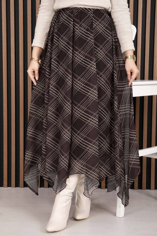 Kft - Asimetrik Kesim Ekose Şifon Etek Kahve (1)