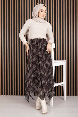 Asimetrik Kesim Ekose Şifon Etek Kahve - Thumbnail
