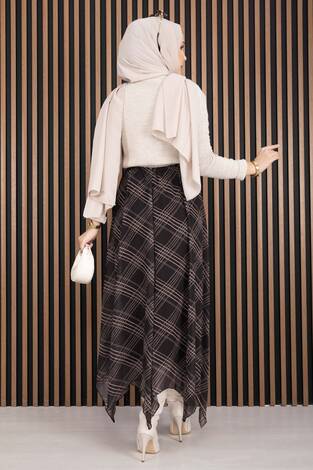 Asimetrik Kesim Ekose Şifon Etek Kahve - Thumbnail