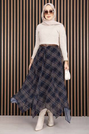 Asimetrik Kesim Ekose Şifon Etek Lacivert - Thumbnail