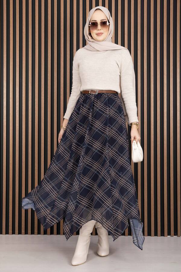 Kft - Asimetrik Kesim Ekose Şifon Etek Lacivert