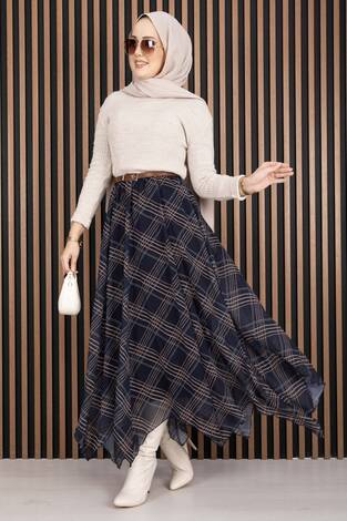 Asimetrik Kesim Ekose Şifon Etek Lacivert - Thumbnail