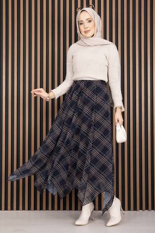 Asimetrik Kesim Ekose Şifon Etek Lacivert - Thumbnail