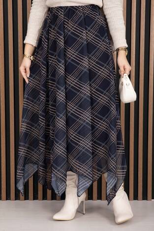 Asimetrik Kesim Ekose Şifon Etek Lacivert - Thumbnail