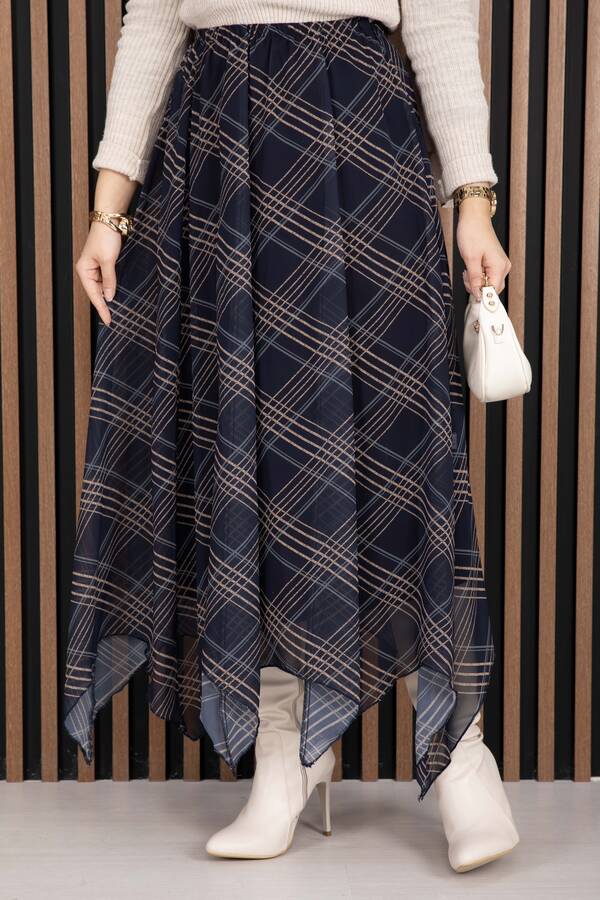 Kft - Asimetrik Kesim Ekose Şifon Etek Lacivert (1)