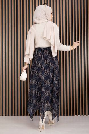 Asimetrik Kesim Ekose Şifon Etek Lacivert - Thumbnail