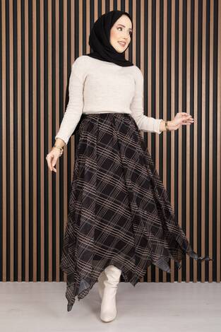 Asimetrik Kesim Ekose Şifon Etek Siyah - Thumbnail