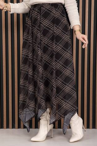 Asimetrik Kesim Ekose Şifon Etek Siyah - Thumbnail