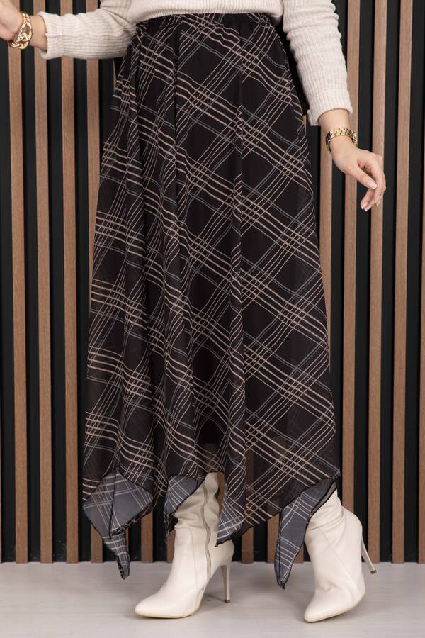 Kft - Asimetrik Kesim Ekose Şifon Etek Siyah (1)