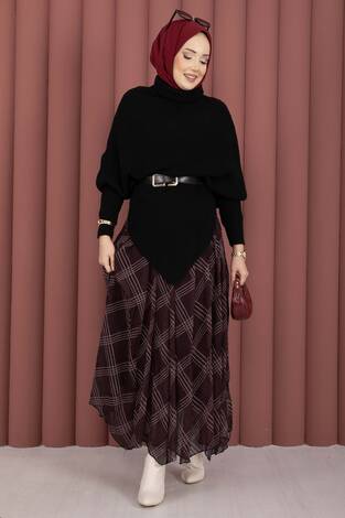 Ekose Desen Astarlı Şifon Etek Bordo - Thumbnail