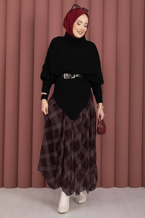 Efl - Ekose Desen Astarlı Şifon Etek Bordo