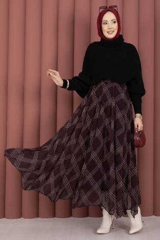 Ekose Desen Astarlı Şifon Etek Bordo - Thumbnail