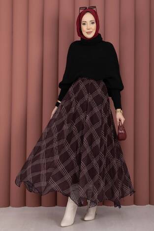 Ekose Desen Astarlı Şifon Etek Bordo - Thumbnail