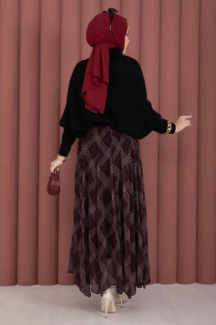 Ekose Desen Astarlı Şifon Etek Bordo - Thumbnail