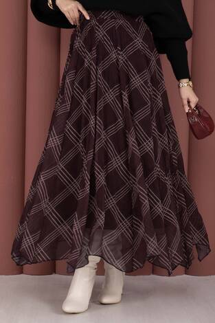 Ekose Desen Astarlı Şifon Etek Bordo - Thumbnail