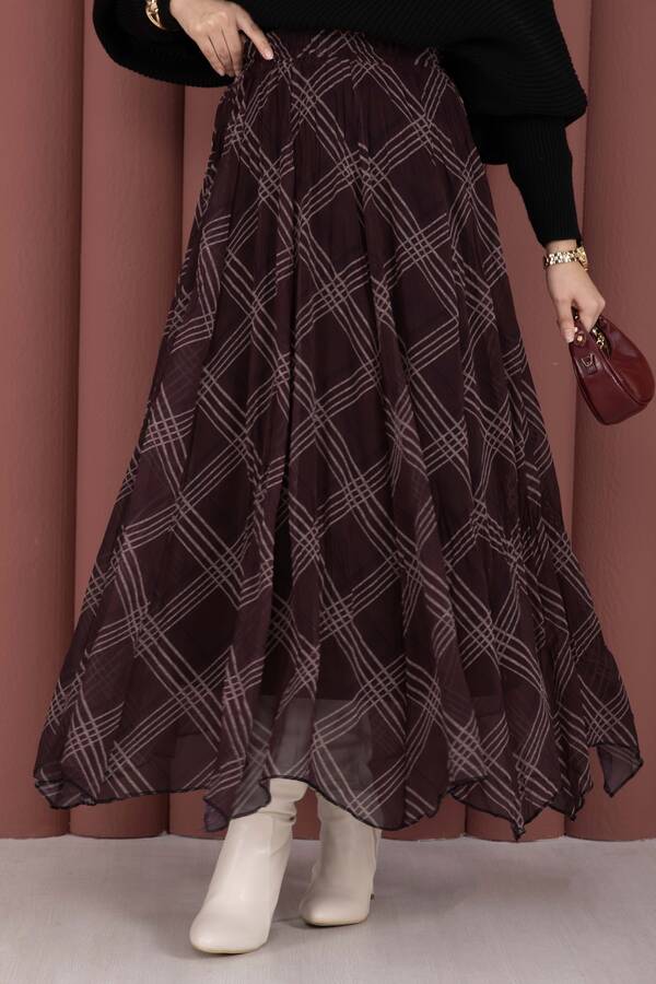 Efl - Ekose Desen Astarlı Şifon Etek Bordo (1)