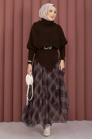 Ekose Desen Astarlı Şifon Etek Kahve - Thumbnail
