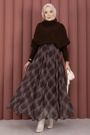 Ekose Desen Astarlı Şifon Etek Kahve - Thumbnail