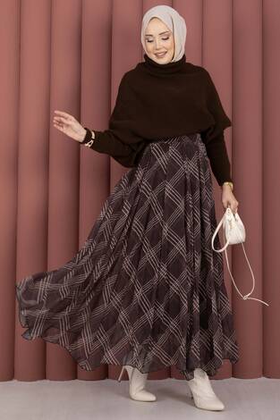 Ekose Desen Astarlı Şifon Etek Kahve - Thumbnail